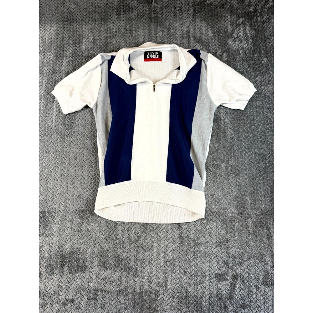 Silver Needle Knitted Polo Shirt Mens Small White Vertical Striped Quarter Zip